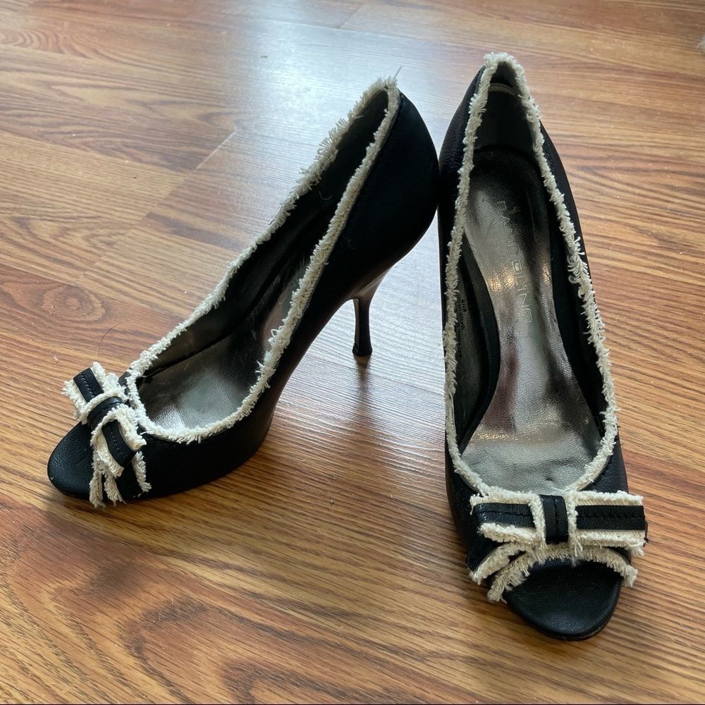Bandolino Black and Cream Peep-Toe Heels with Bow Trim